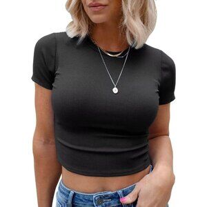 🆕Kovbin Womens Black Short Sleeve Basic Cute Baby Tees Slim Fit Rib Knit Shirts